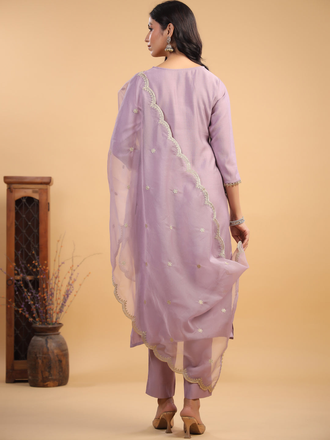 Lavender Chanderi Straight Solid 3-Piece Kurta Set