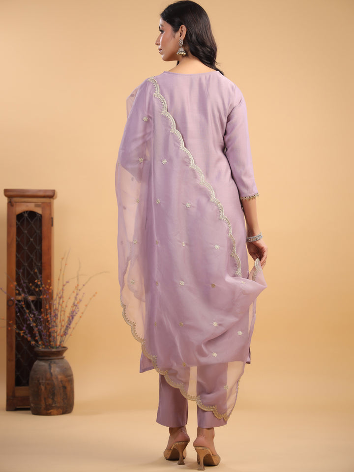 Lavender Chanderi Straight Solid 3-Piece Kurta Set
