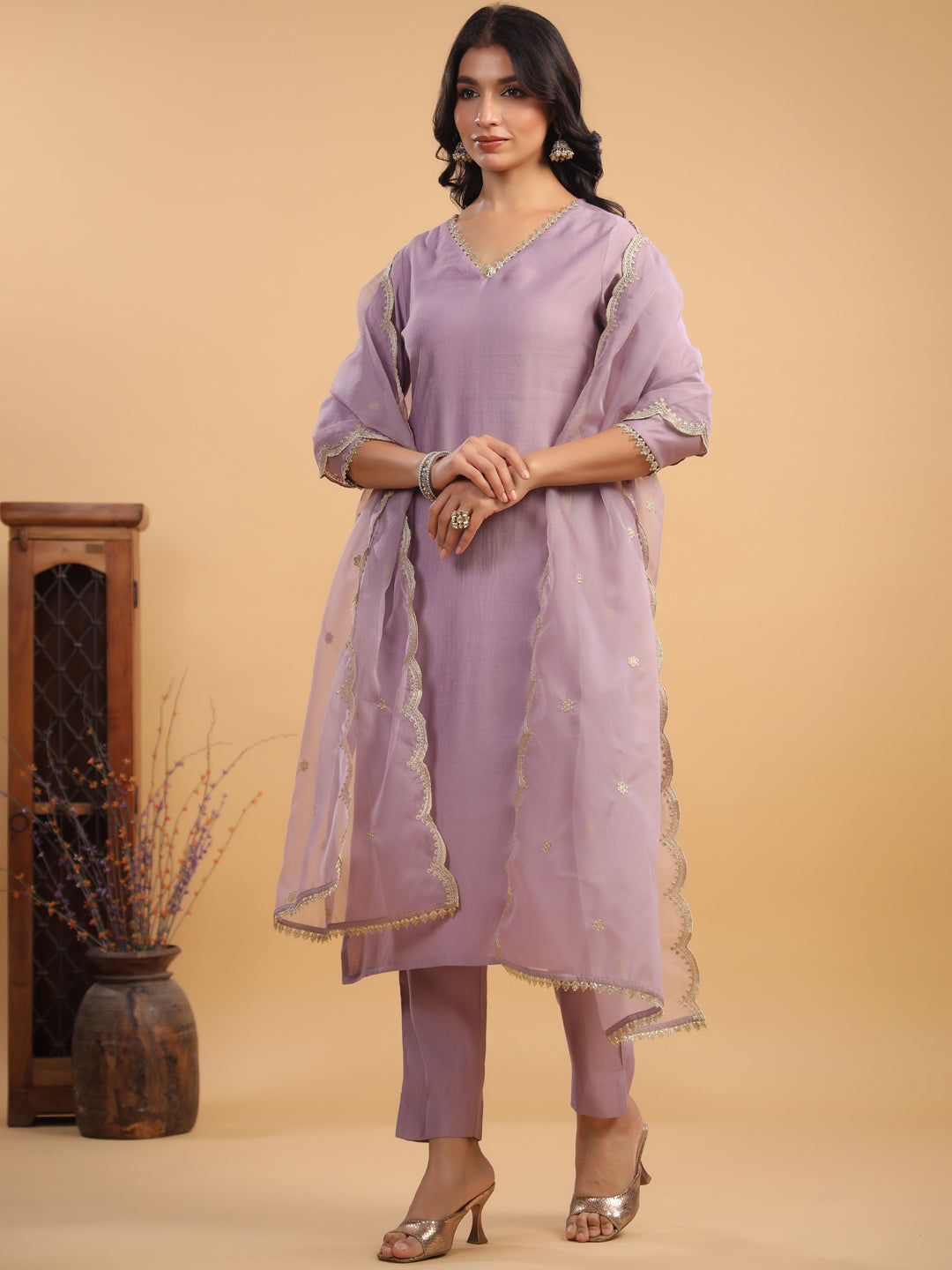 Lavender Chanderi Straight Solid 3-Piece Kurta Set