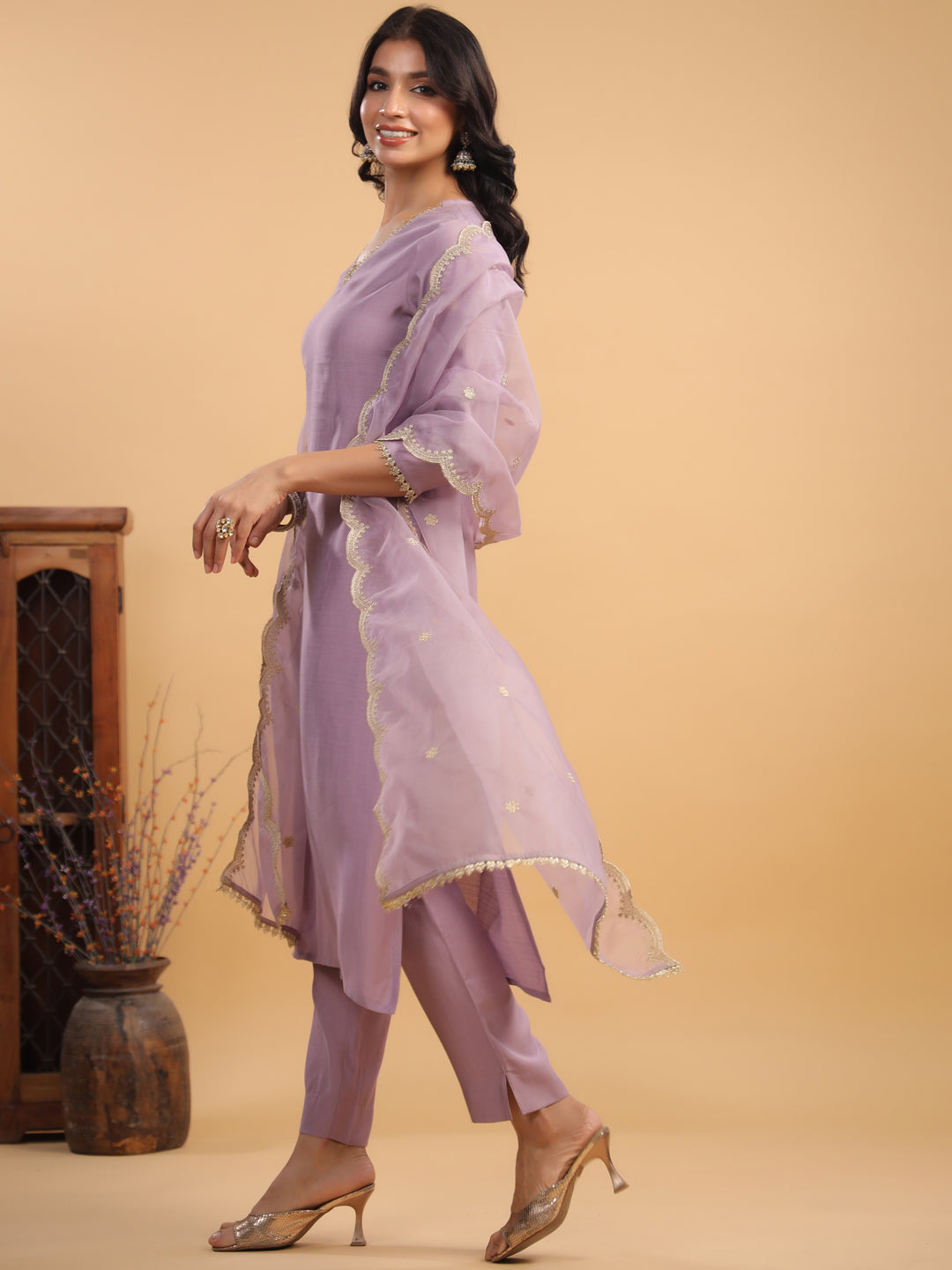 Lavender Chanderi Straight Solid 3-Piece Kurta Set