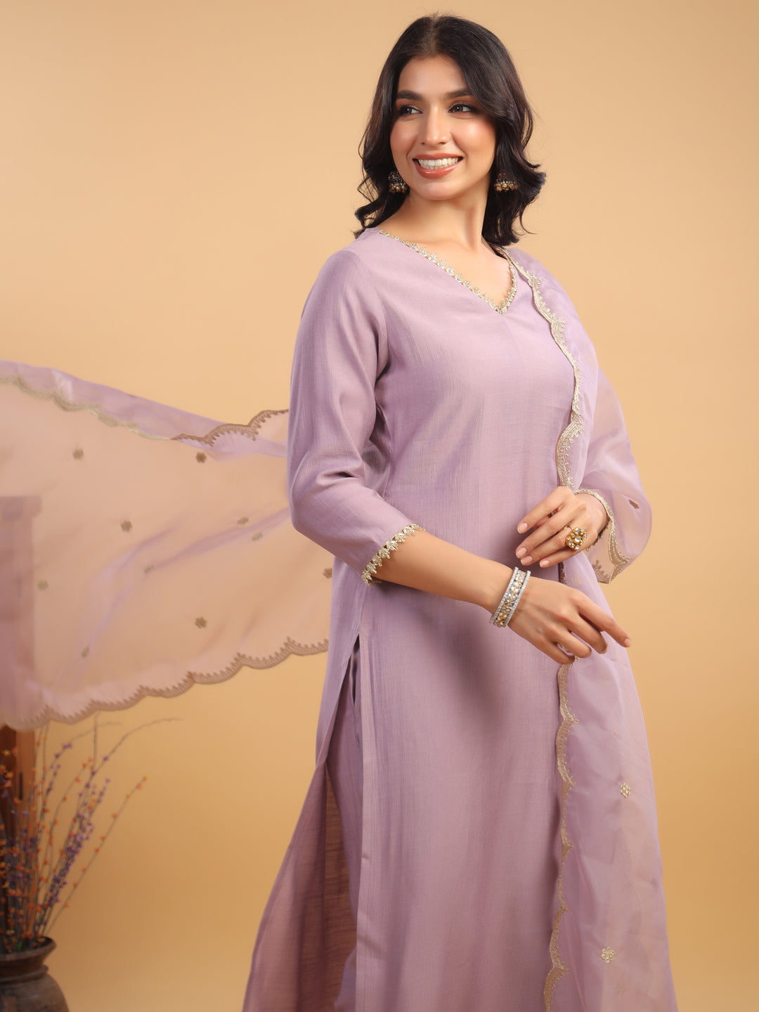 Lavender Chanderi Straight Solid 3-Piece Kurta Set