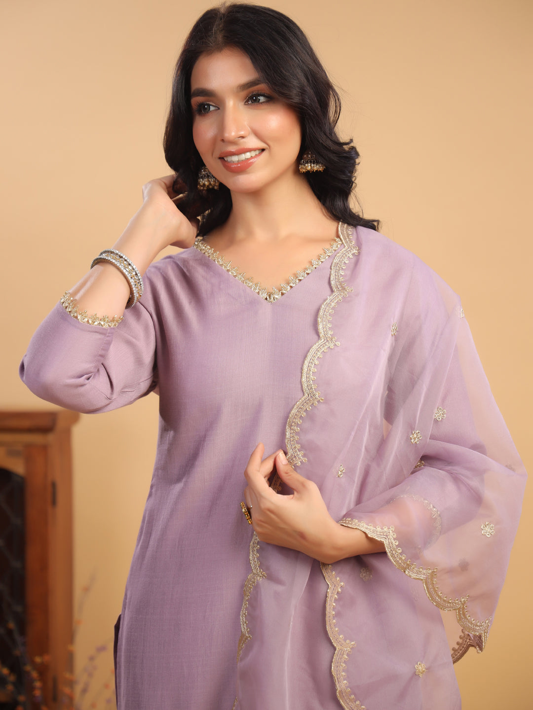 Lavender-Chanderi-Straight-Solid-3-Piece-Kurta-Set