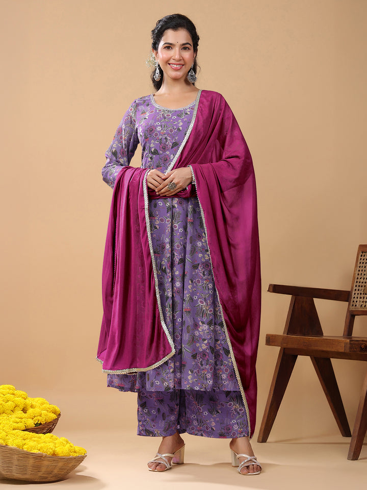 Lavender Georgette A-Line Floral Printed 3-Piece Kurta Set