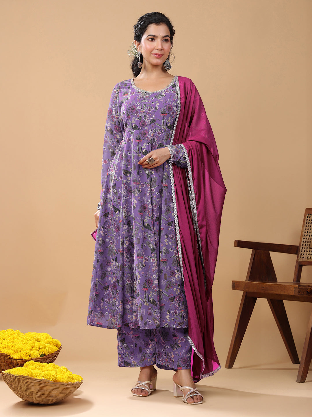 Lavender Georgette A-Line Floral Printed 3-Piece Kurta Set