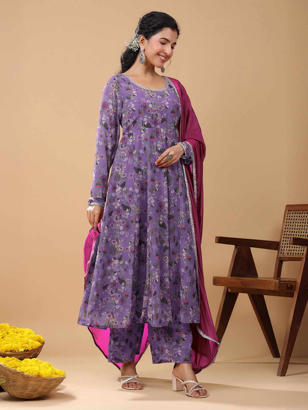 Lavender Georgette A-Line Floral Printed 3-Piece Kurta Set