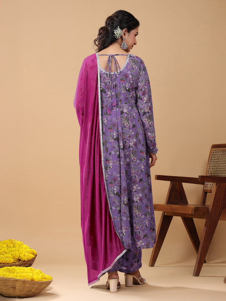 Lavender Georgette A-Line Floral Printed 3-Piece Kurta Set