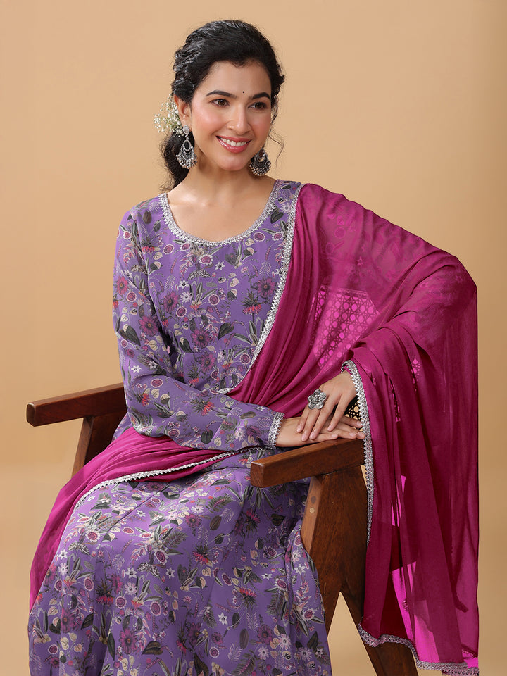 Lavender Georgette A-Line Floral Printed 3-Piece Kurta Set