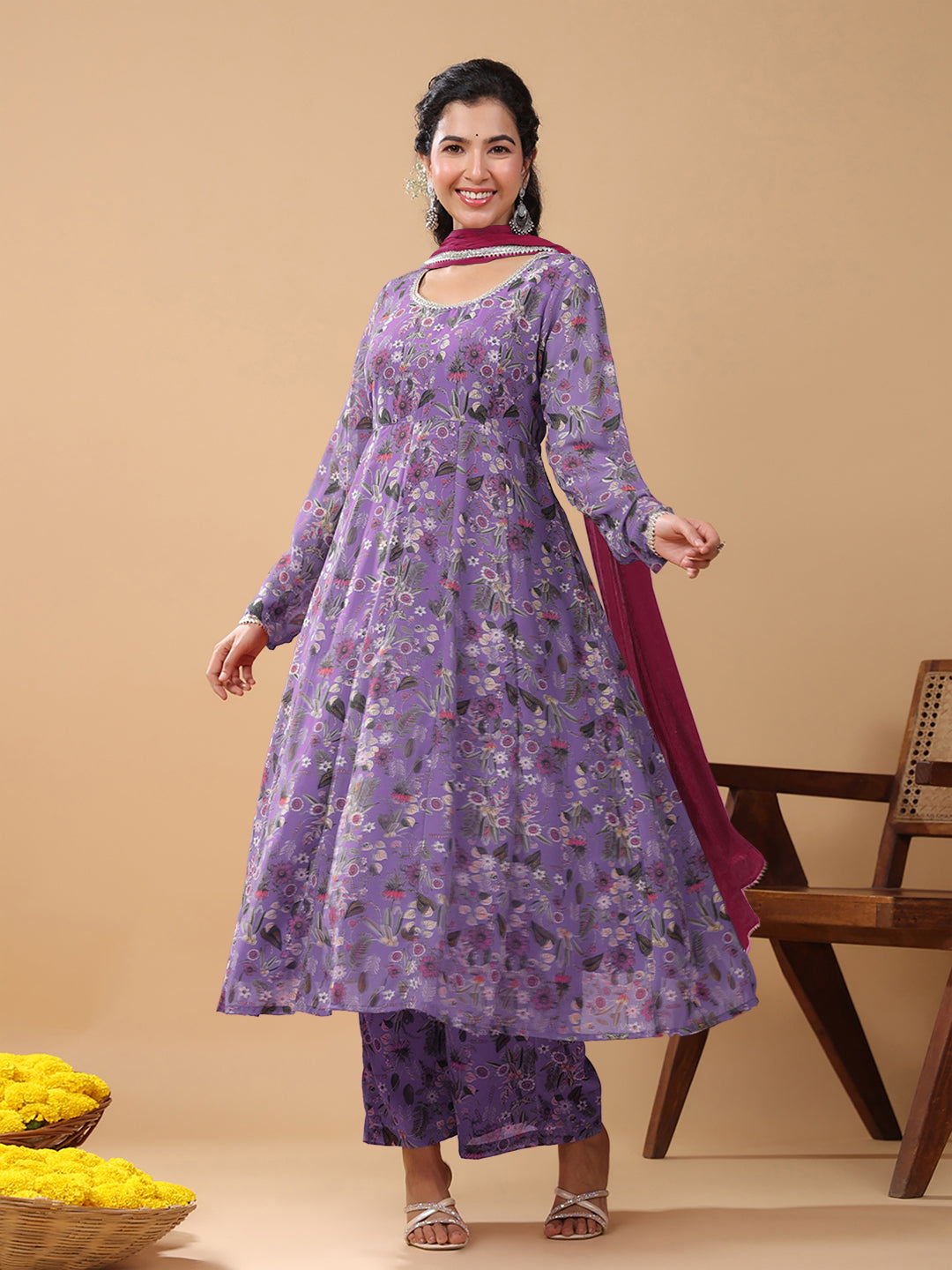 Lavender Georgette A-Line Floral Printed 3-Piece Kurta Set