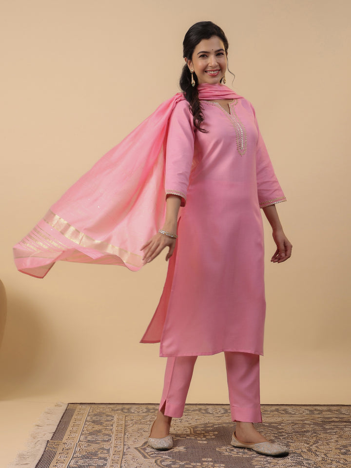 Pink Cotton Blend Straight Solid 3-Piece Kurta Set
