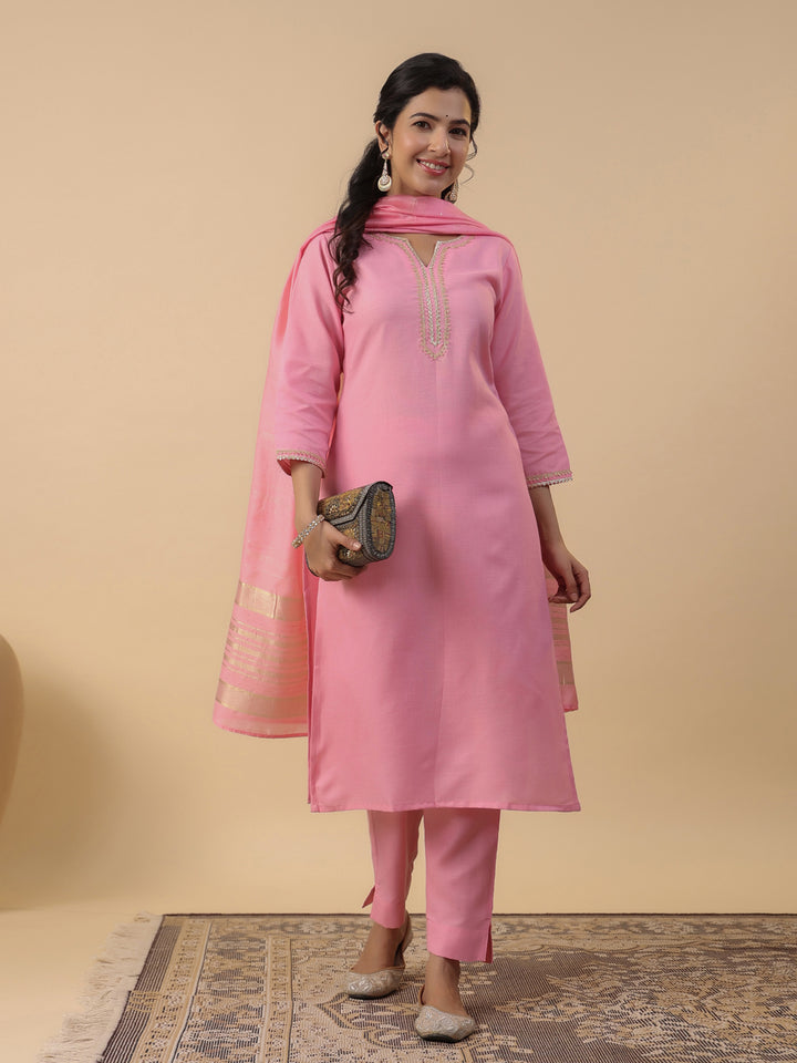 Pink Cotton Blend Straight Solid 3-Piece Kurta Set