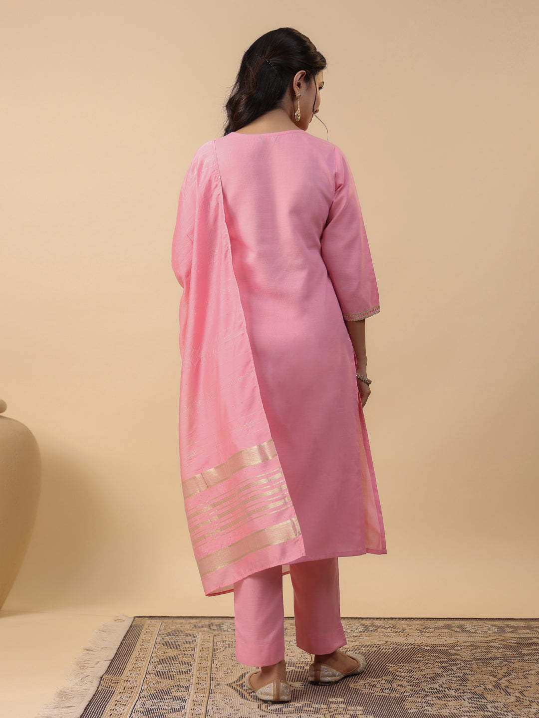 Pink Cotton Blend Straight Solid 3-Piece Kurta Set