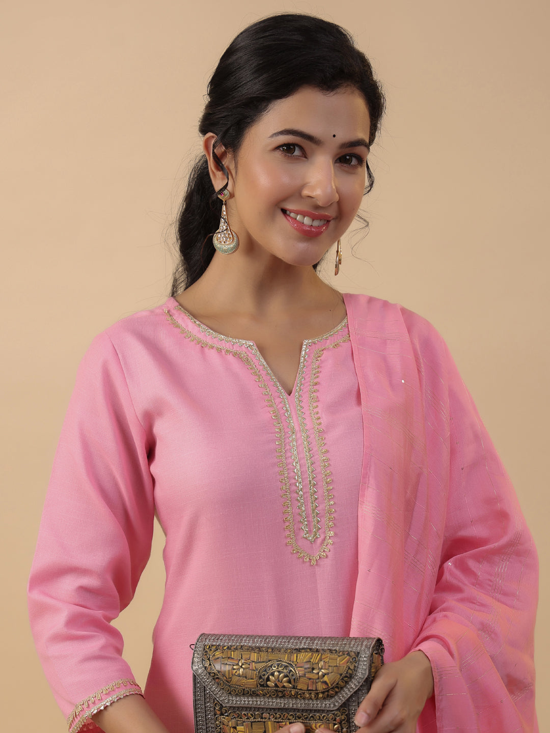 Pink Cotton Blend Straight Solid 3-Piece Kurta Set
