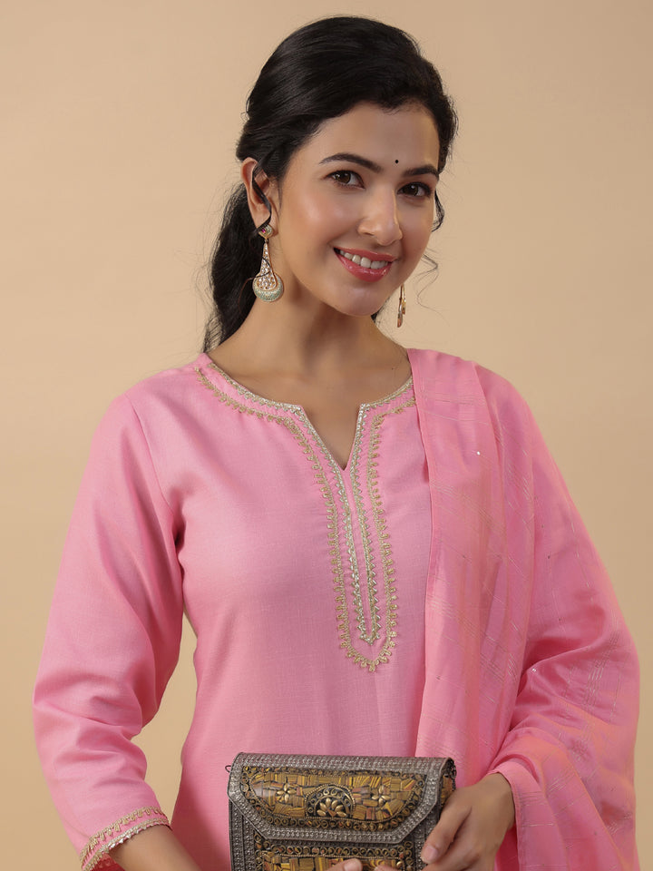 Pink Cotton Blend Straight Solid 3-Piece Kurta Set