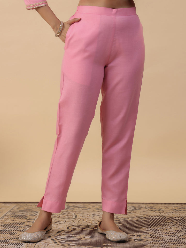 Pink Cotton Blend Straight Solid 3-Piece Kurta Set