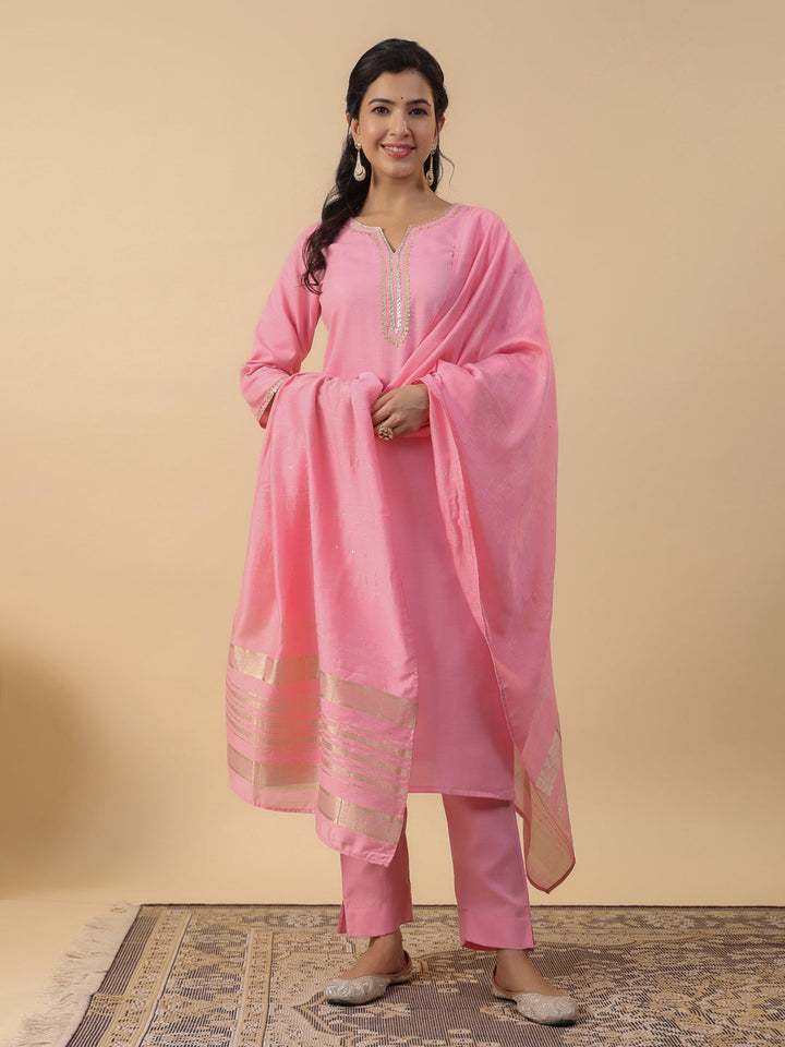Pink-Cotton-Blend-Straight-Solid-3-Piece-Kurta-Set