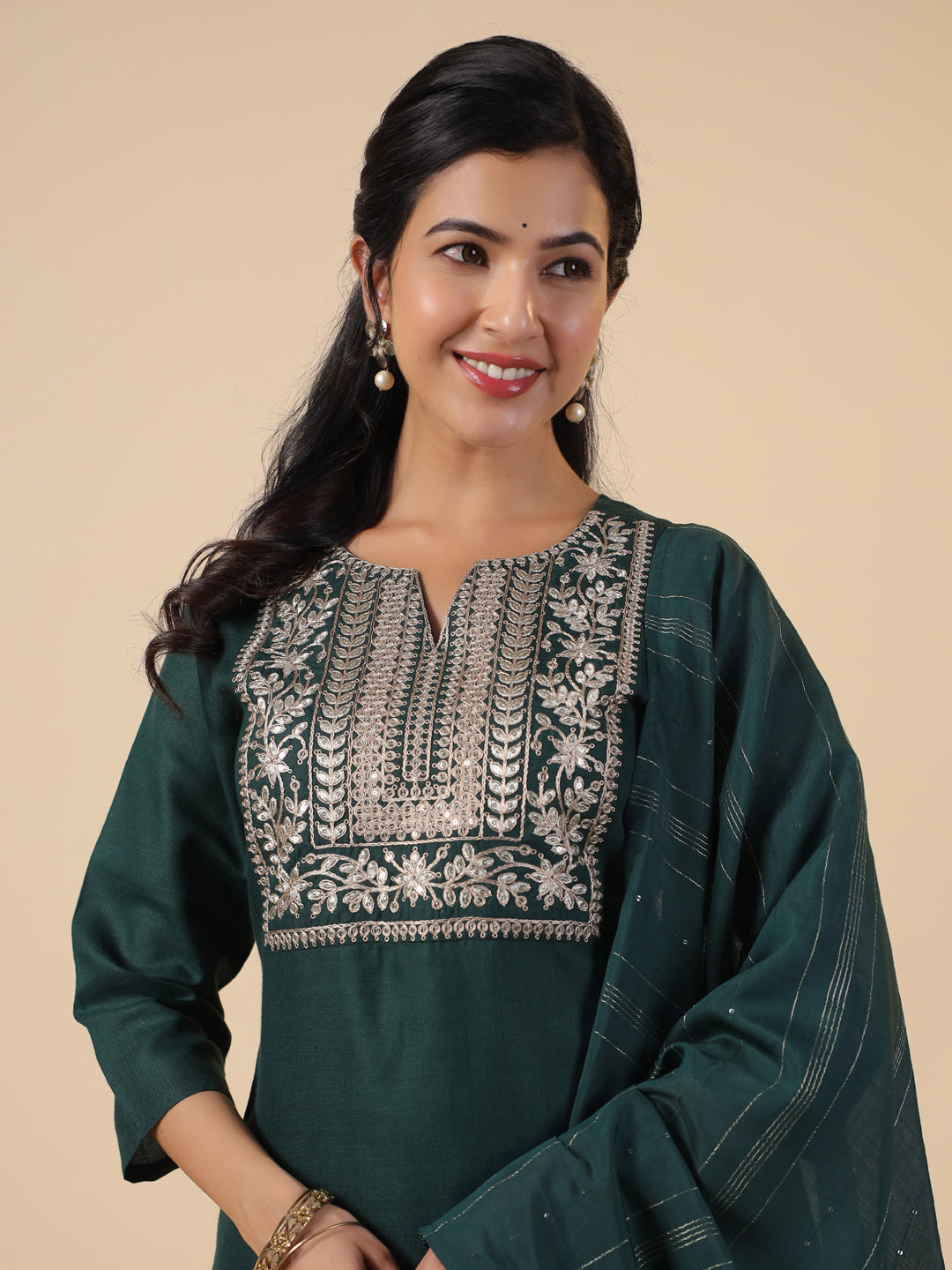Dark Green Cotton Blend Straight Yoke Embroidered 3-Piece Kurta Set