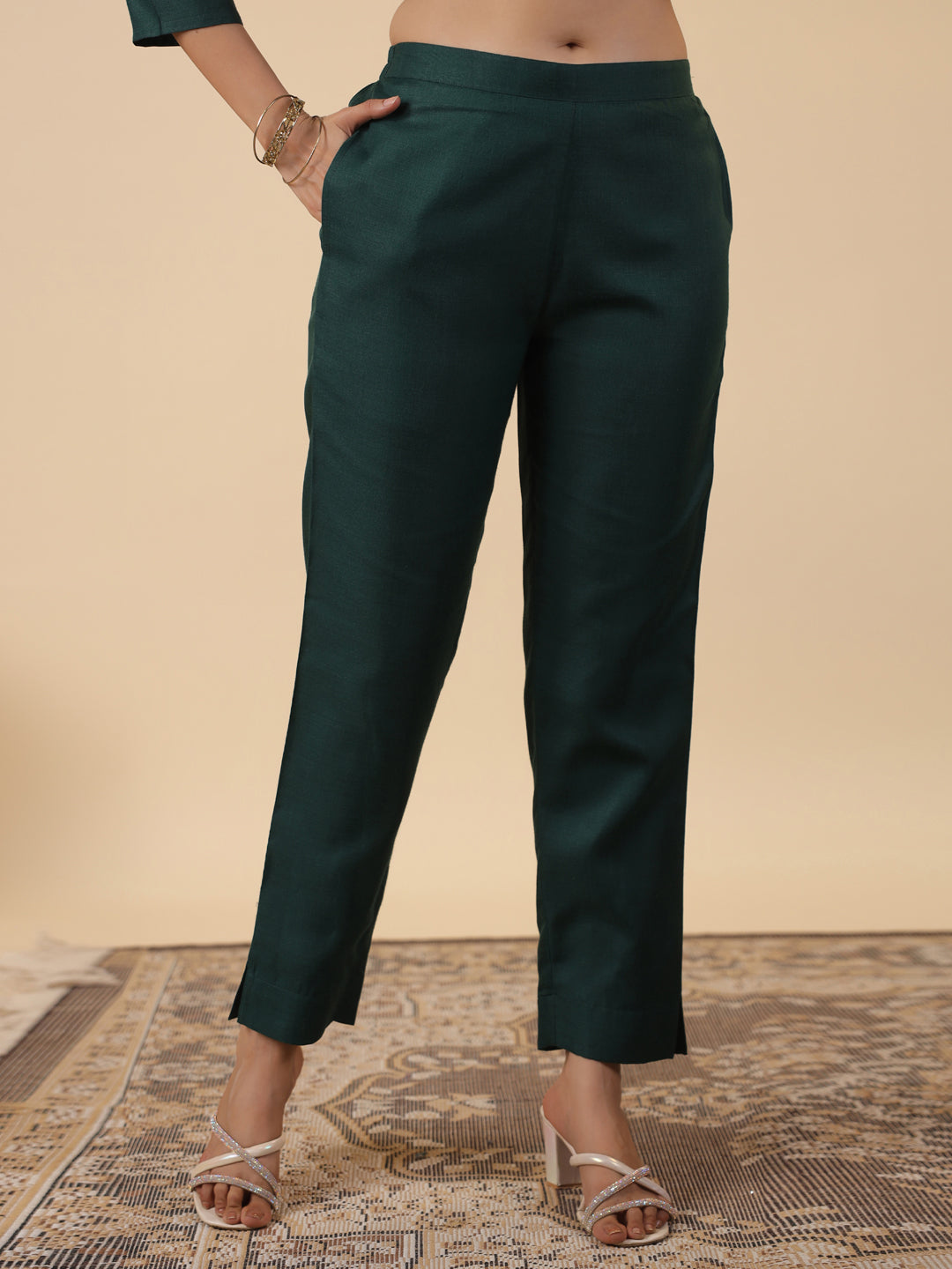 Dark Green Cotton Blend Straight Yoke Embroidered 3-Piece Kurta Set