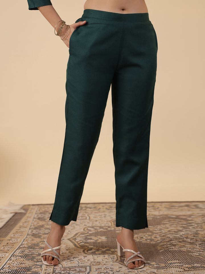 Dark Green Cotton Blend Straight Yoke Embroidered 3-Piece Kurta Set