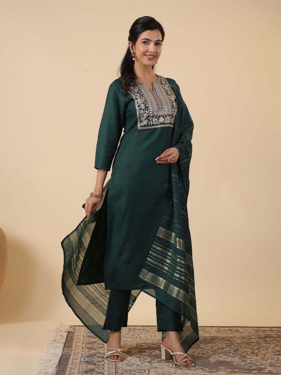 Dark Green Cotton Blend Straight Yoke Embroidered 3-Piece Kurta Set
