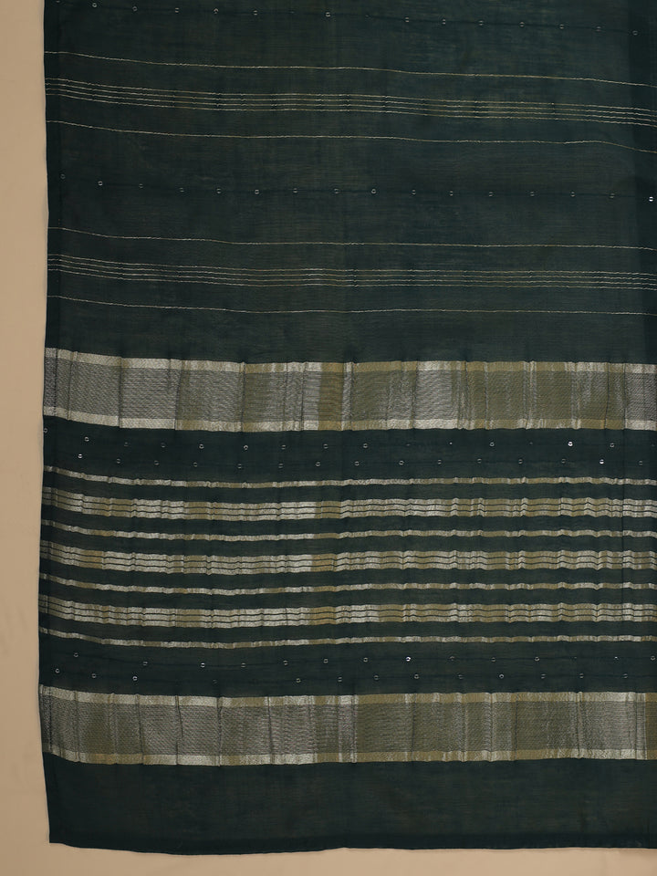 Dark Green Cotton Blend Straight Yoke Embroidered 3-Piece Kurta Set