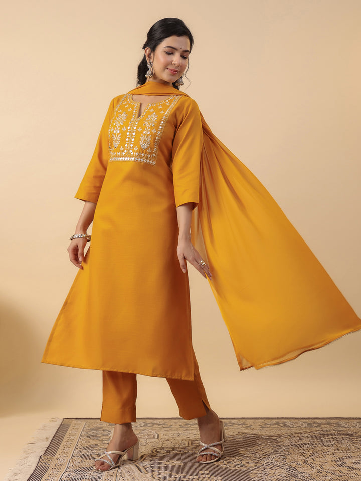 Mustard Cotton Blend Straight Yoke Embroidered 3-Piece Kurta Set