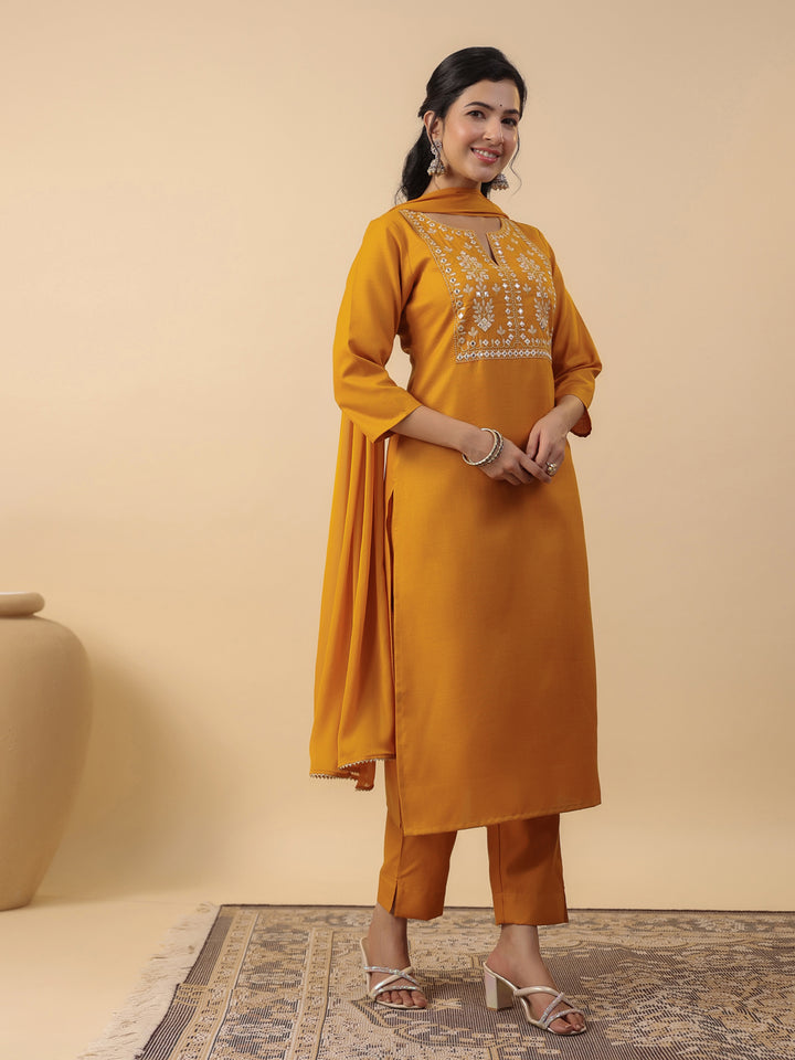 Mustard Cotton Blend Straight Yoke Embroidered 3-Piece Kurta Set