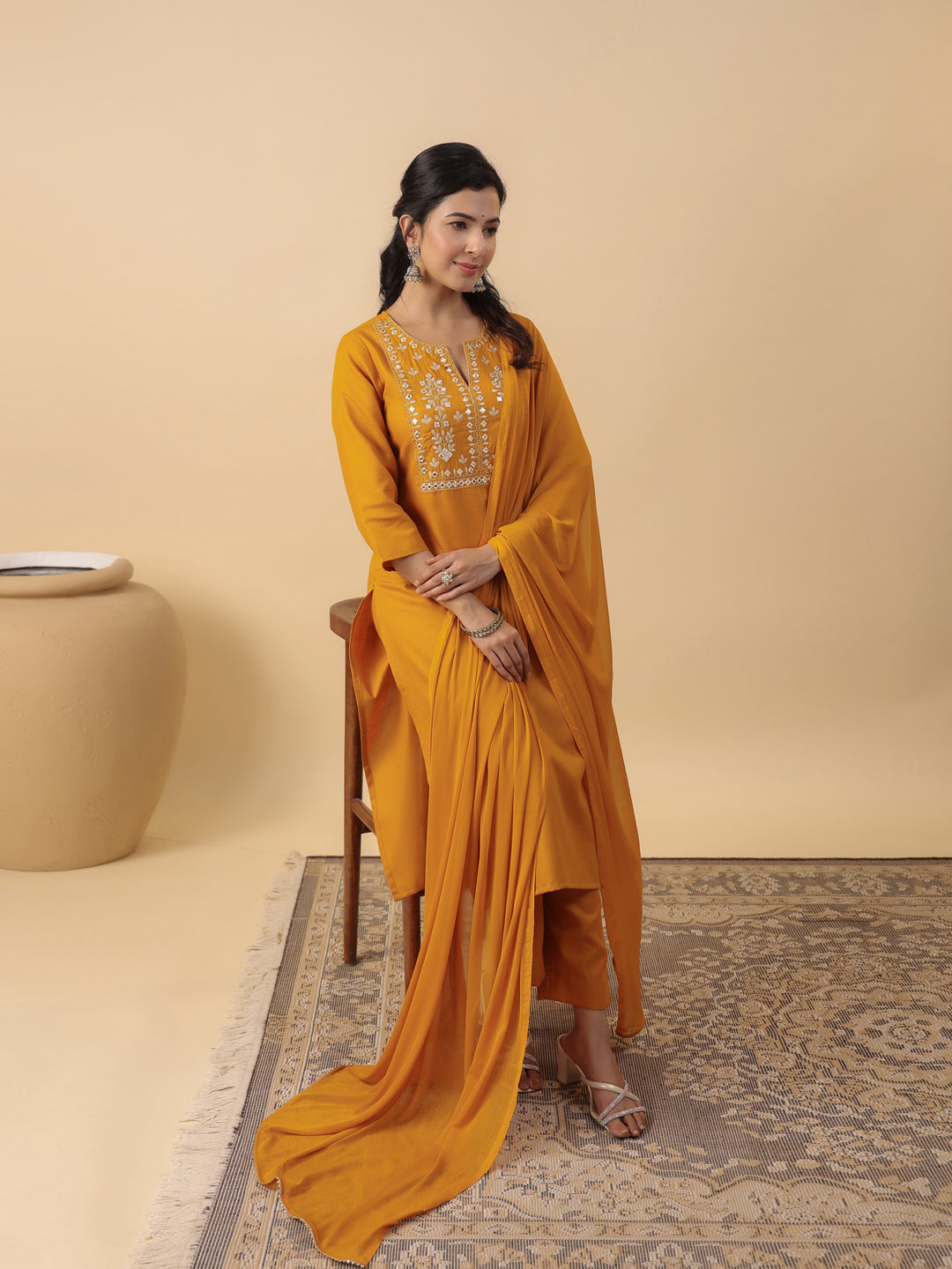Mustard Cotton Blend Straight Yoke Embroidered 3-Piece Kurta Set