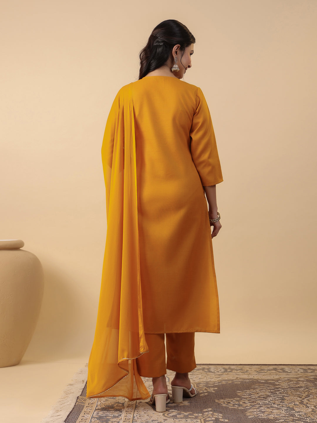 Mustard Cotton Blend Straight Yoke Embroidered 3-Piece Kurta Set