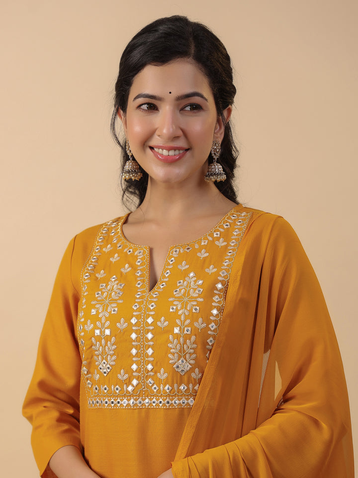 Mustard Cotton Blend Straight Yoke Embroidered 3-Piece Kurta Set