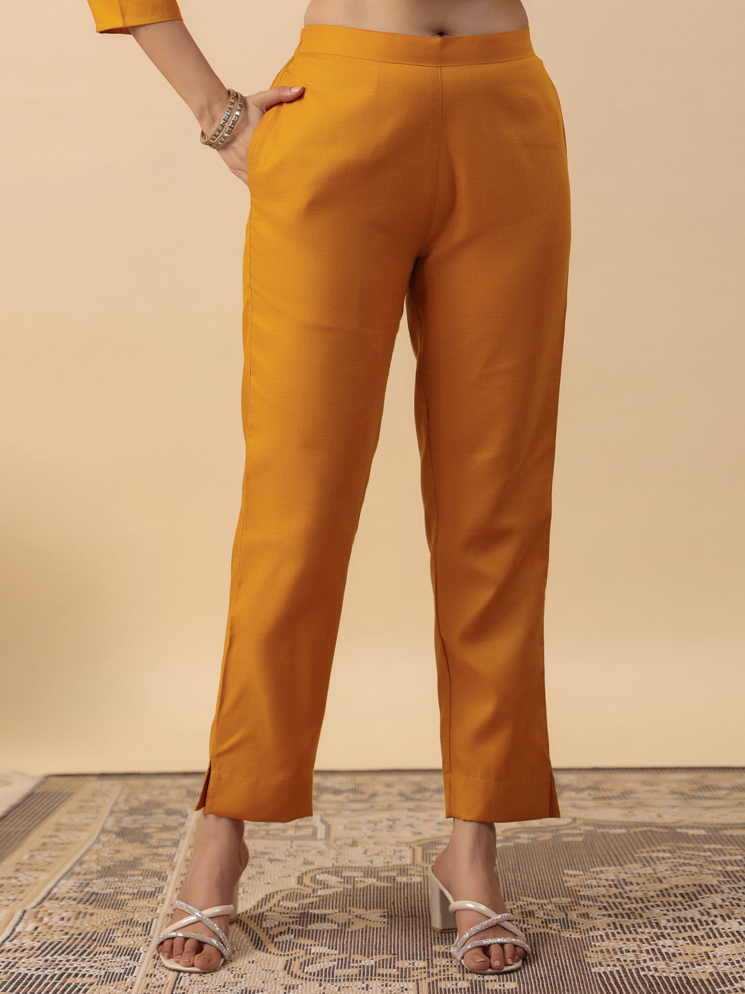 Mustard Cotton Blend Straight Yoke Embroidered 3-Piece Kurta Set