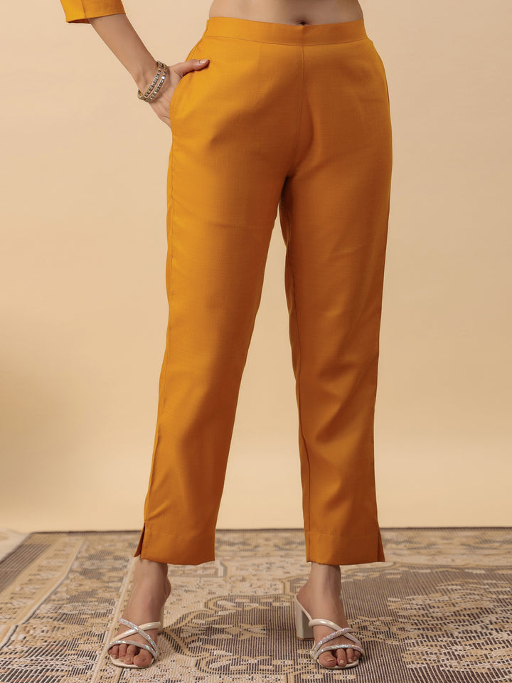 Mustard Cotton Blend Straight Yoke Embroidered 3-Piece Kurta Set