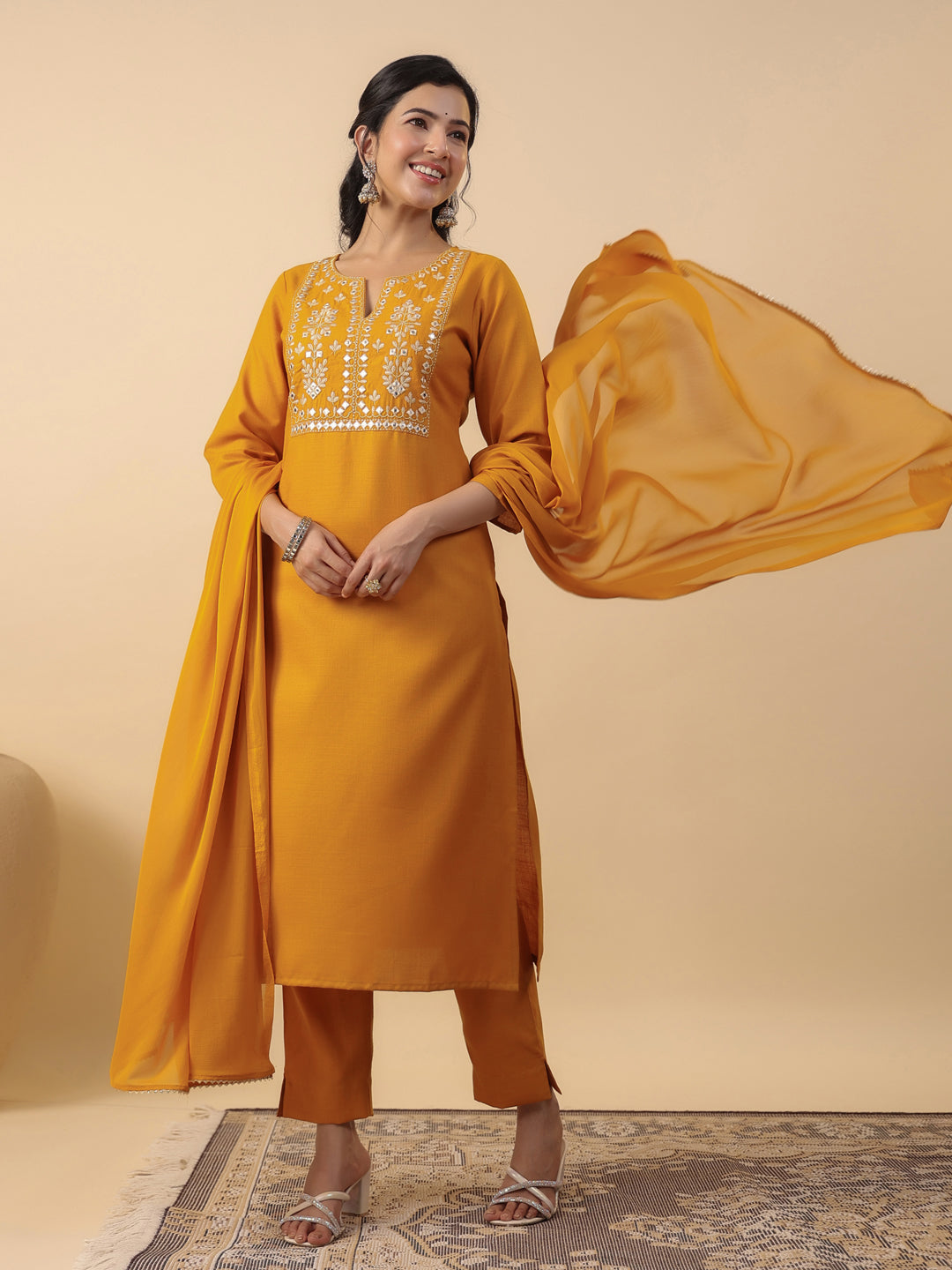Mustard Cotton Blend Straight Yoke Embroidered 3-Piece Kurta Set