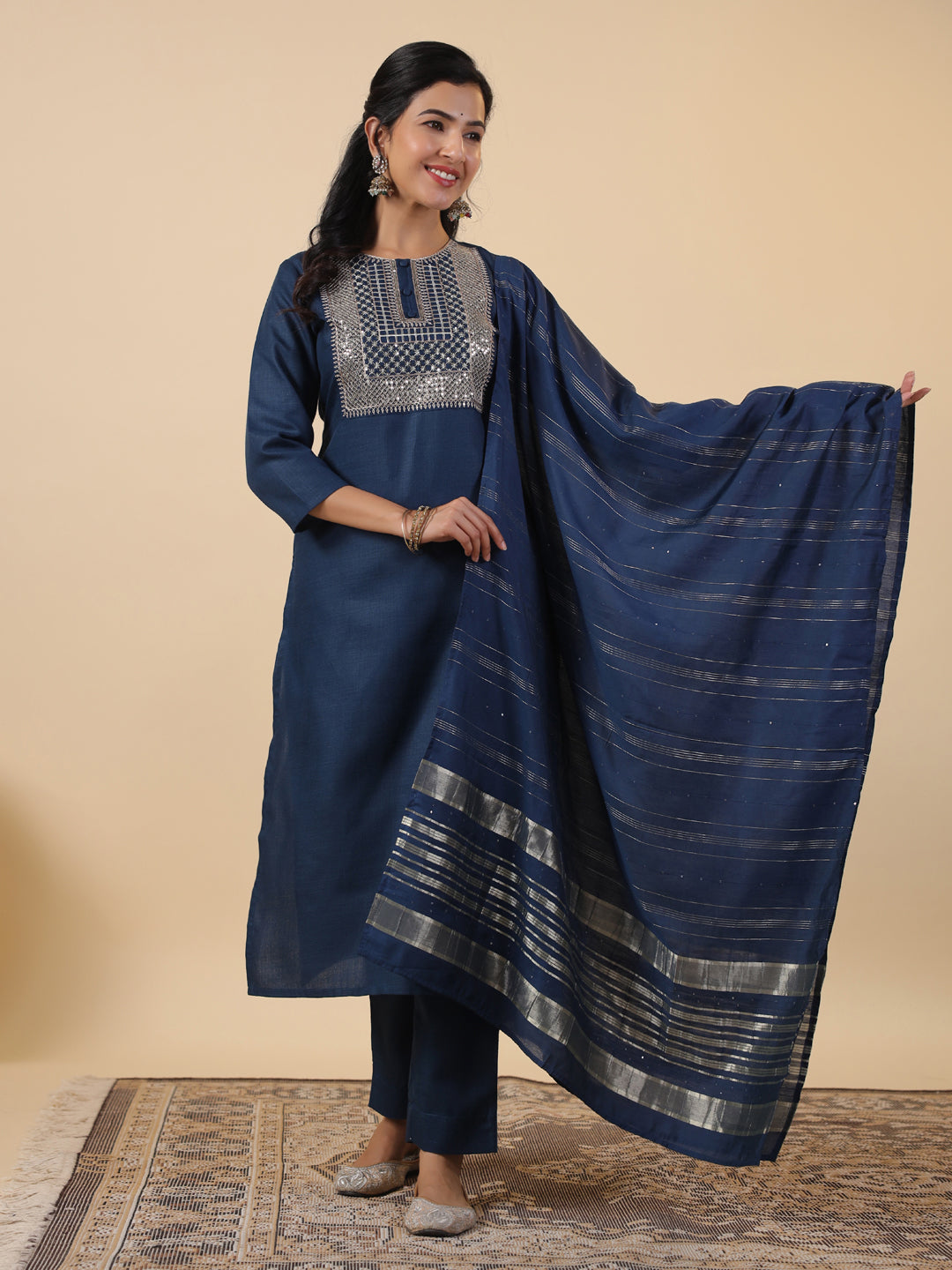 Blue Cotton Blend Straight Embroidered 3-Piece Kurta Set