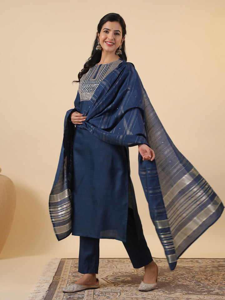 Blue Cotton Blend Straight Embroidered 3-Piece Kurta Set