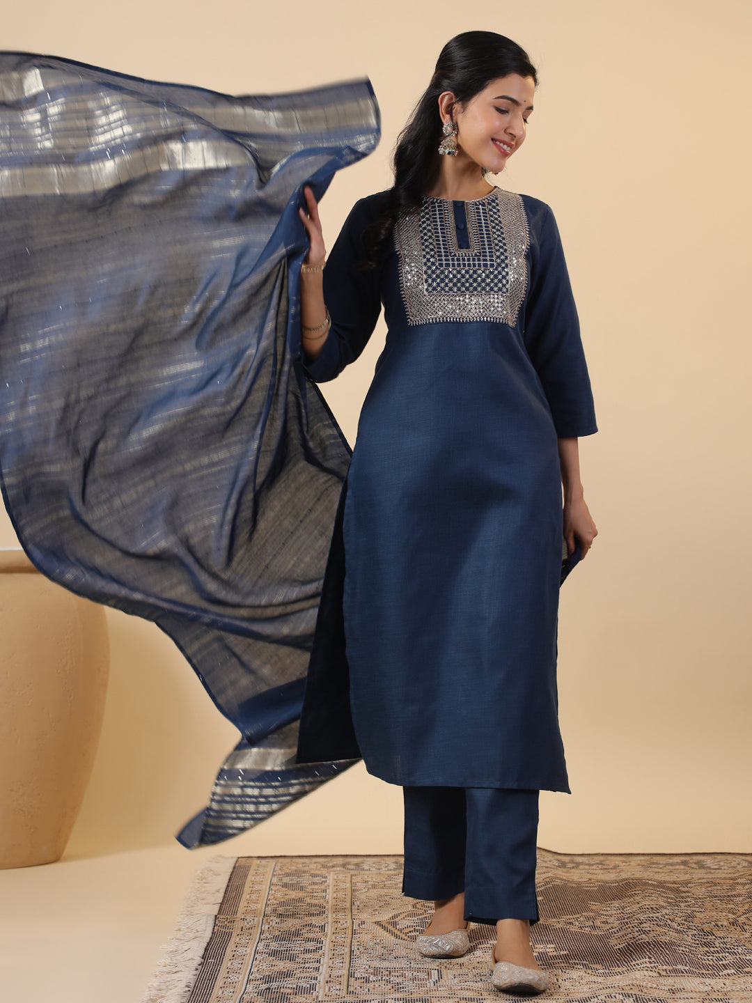 Blue Cotton Blend Straight Embroidered 3-Piece Kurta Set