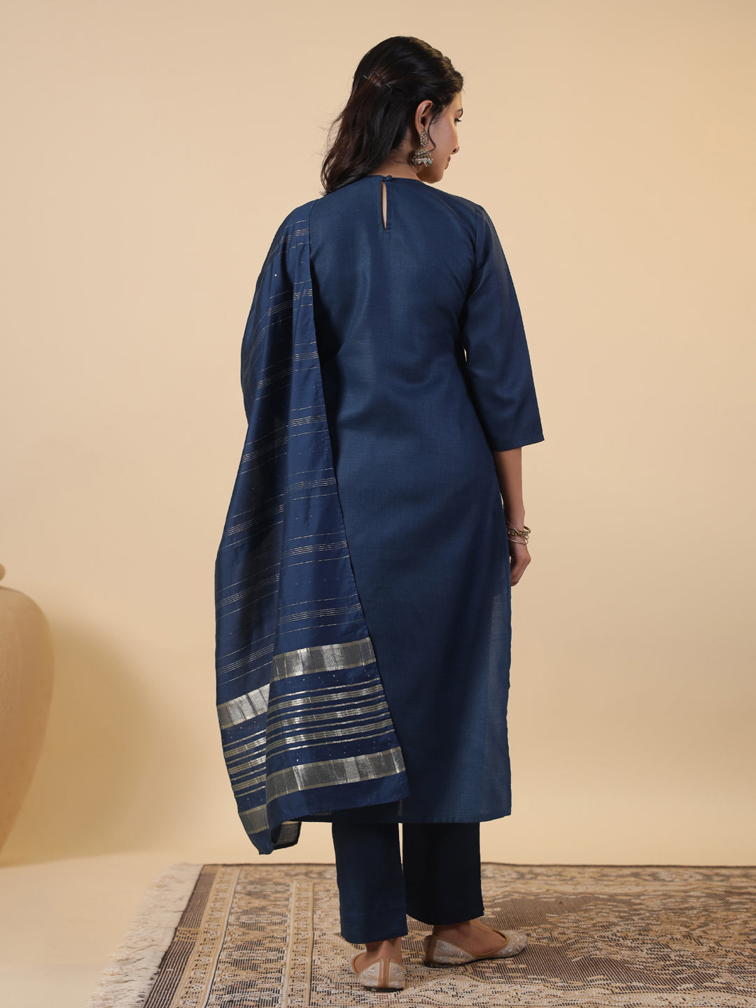 Blue Cotton Blend Straight Embroidered 3-Piece Kurta Set
