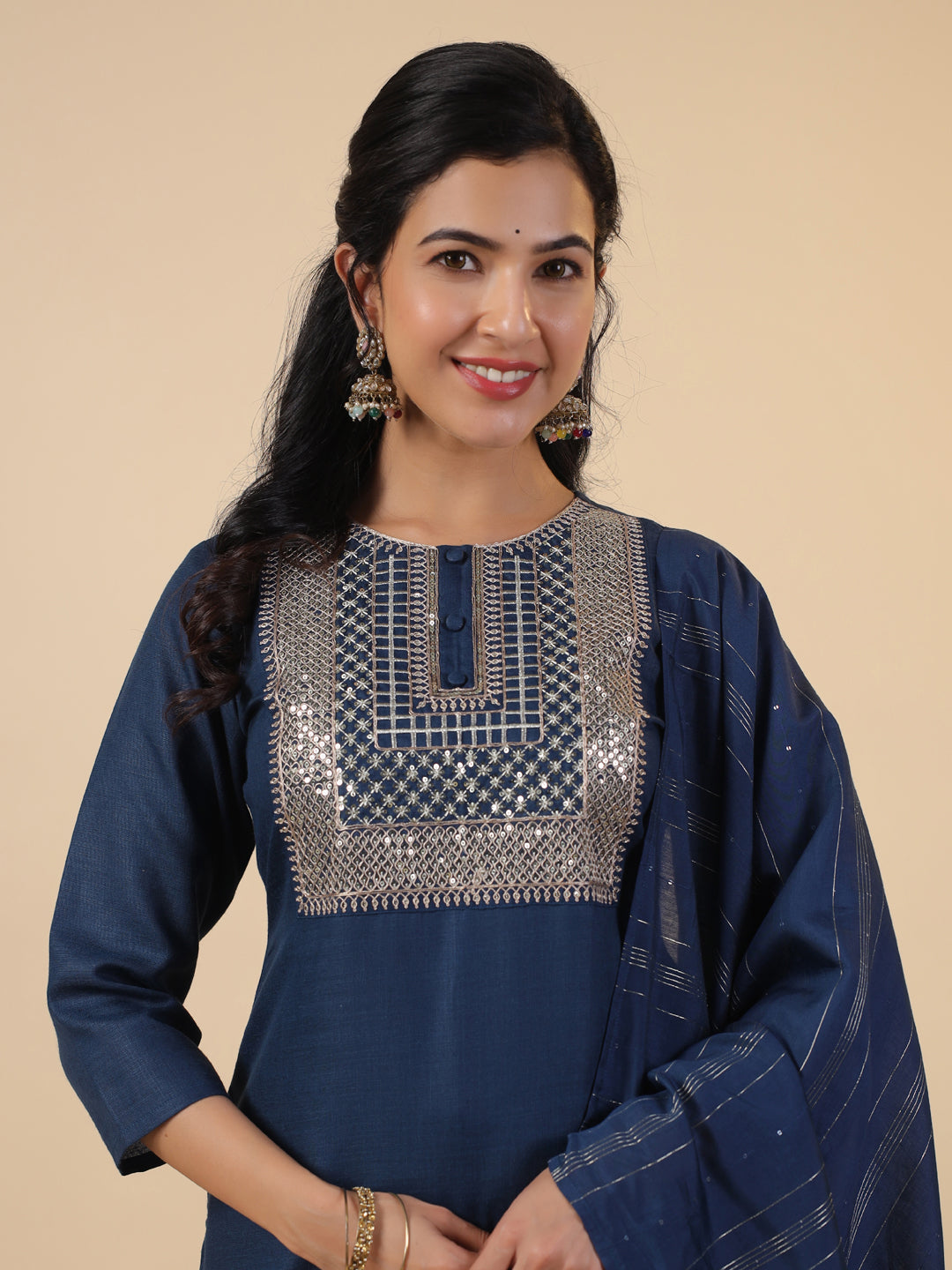 Blue Cotton Blend Straight Embroidered 3-Piece Kurta Set