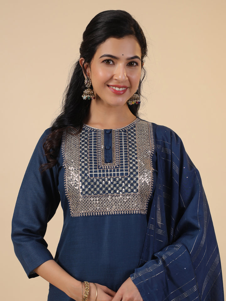 Blue Cotton Blend Straight Embroidered 3-Piece Kurta Set