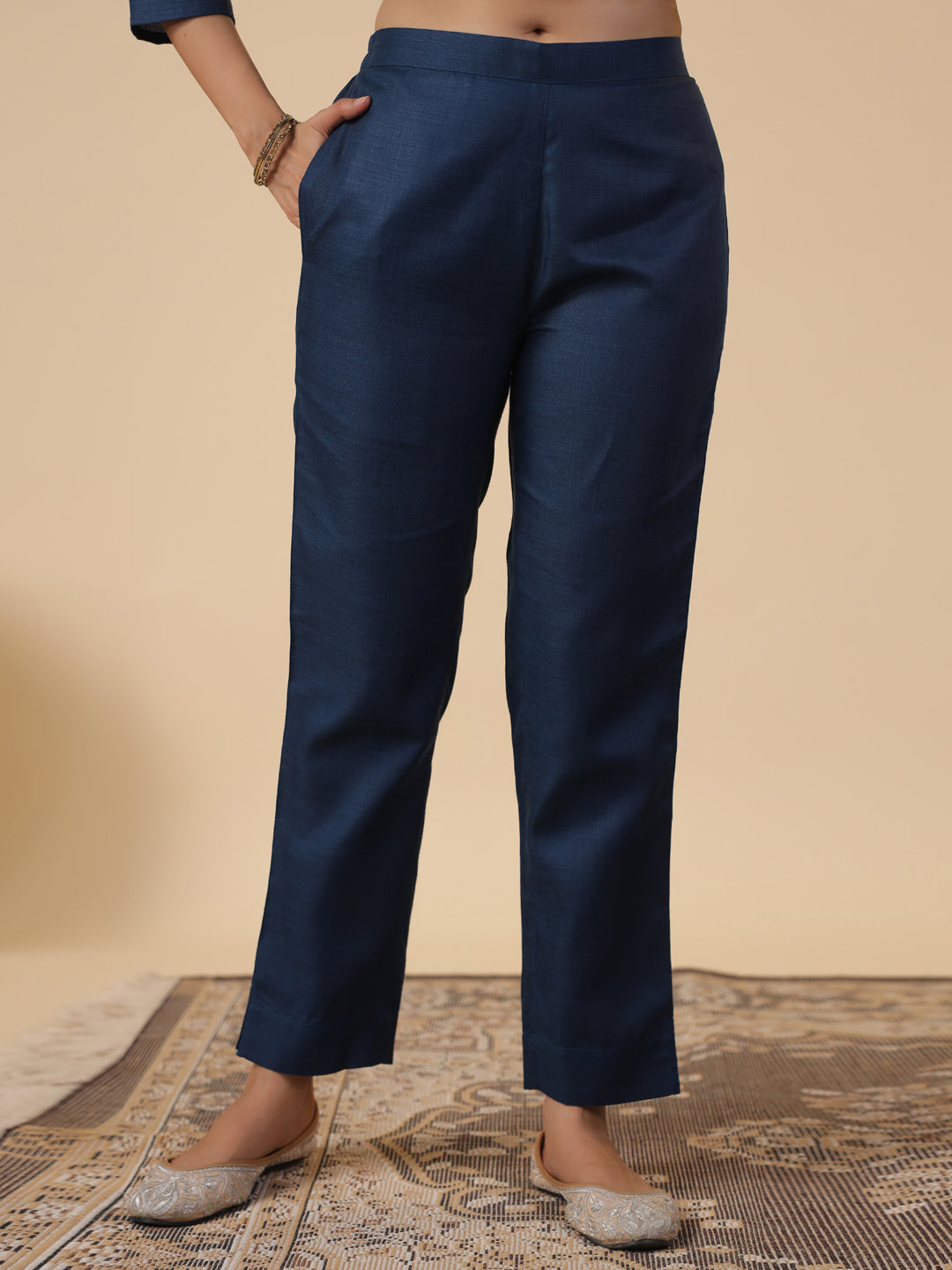 Blue Cotton Blend Straight Embroidered 3-Piece Kurta Set