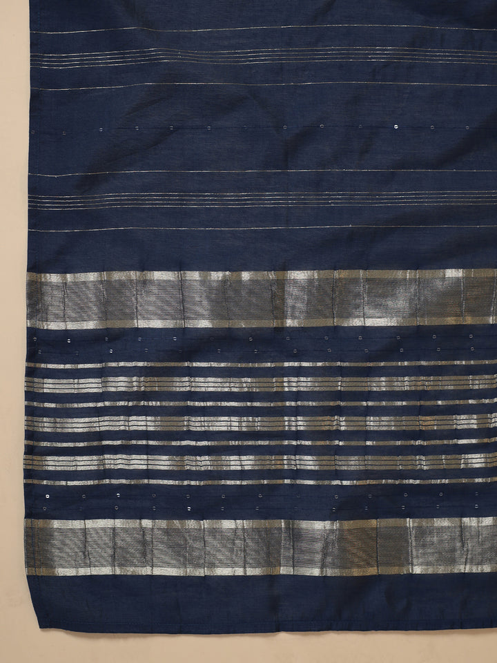 Blue Cotton Blend Straight Embroidered 3-Piece Kurta Set