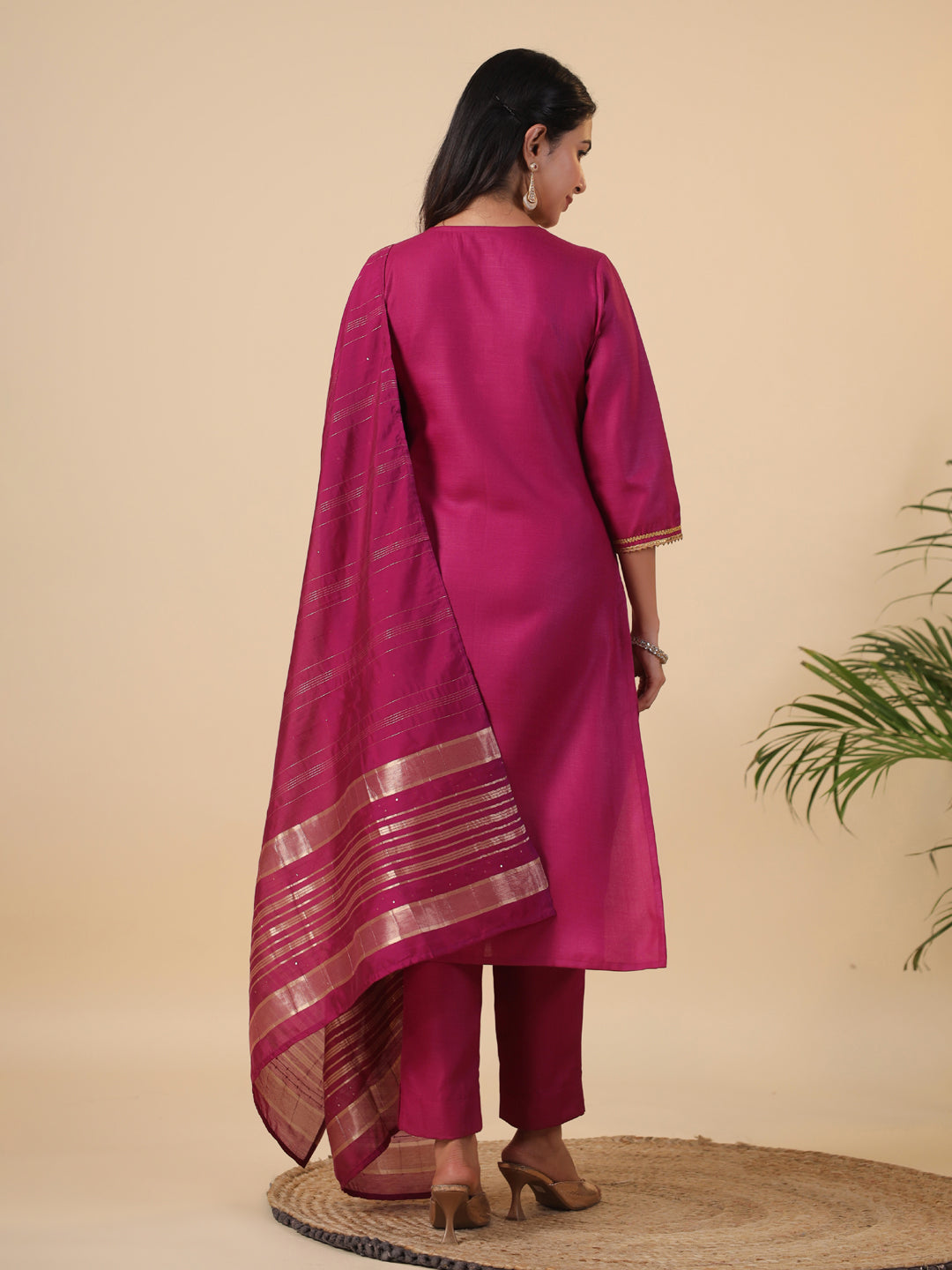 Magenta Cotton Blend Straight Solid 3-Piece Kurta Set