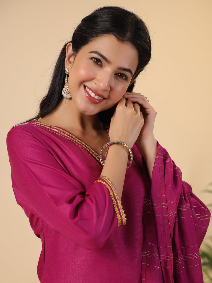 Magenta Cotton Blend Straight Solid 3-Piece Kurta Set