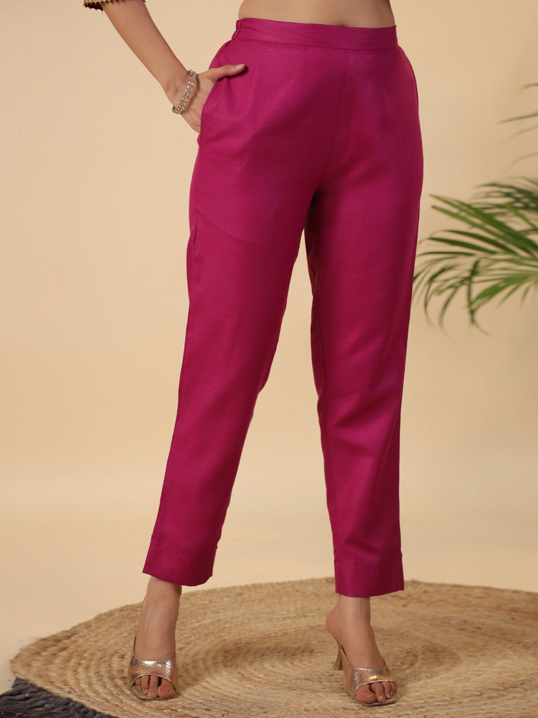 Magenta Cotton Blend Straight Solid 3-Piece Kurta Set