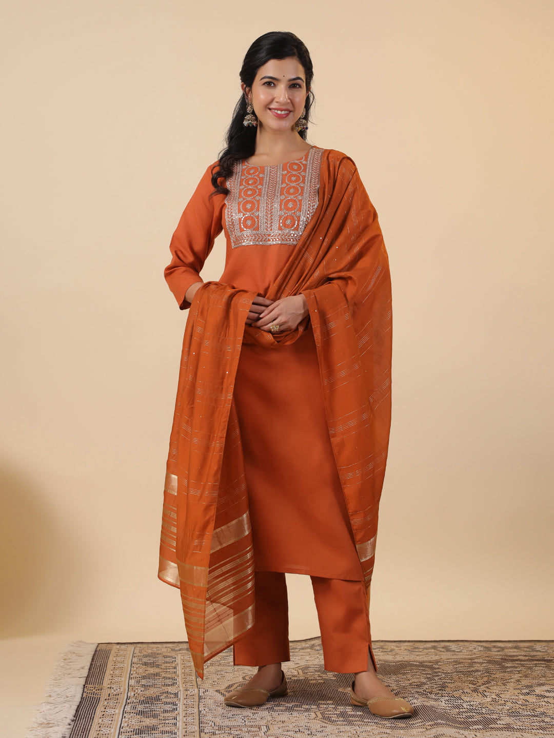 Rust Cotton Blend Straight Yoke Embroidered 3-Piece Kurta Set