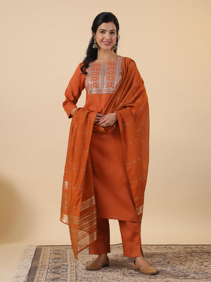 Rust Cotton Blend Straight Yoke Embroidered 3-Piece Kurta Set