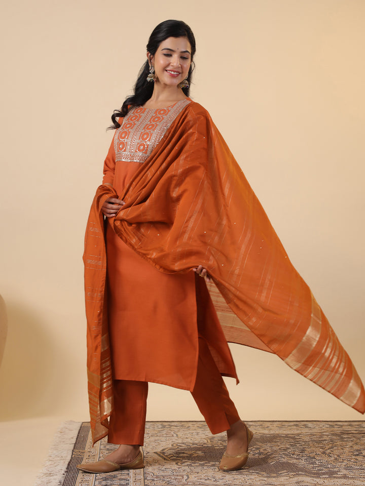 Rust Cotton Blend Straight Yoke Embroidered 3-Piece Kurta Set