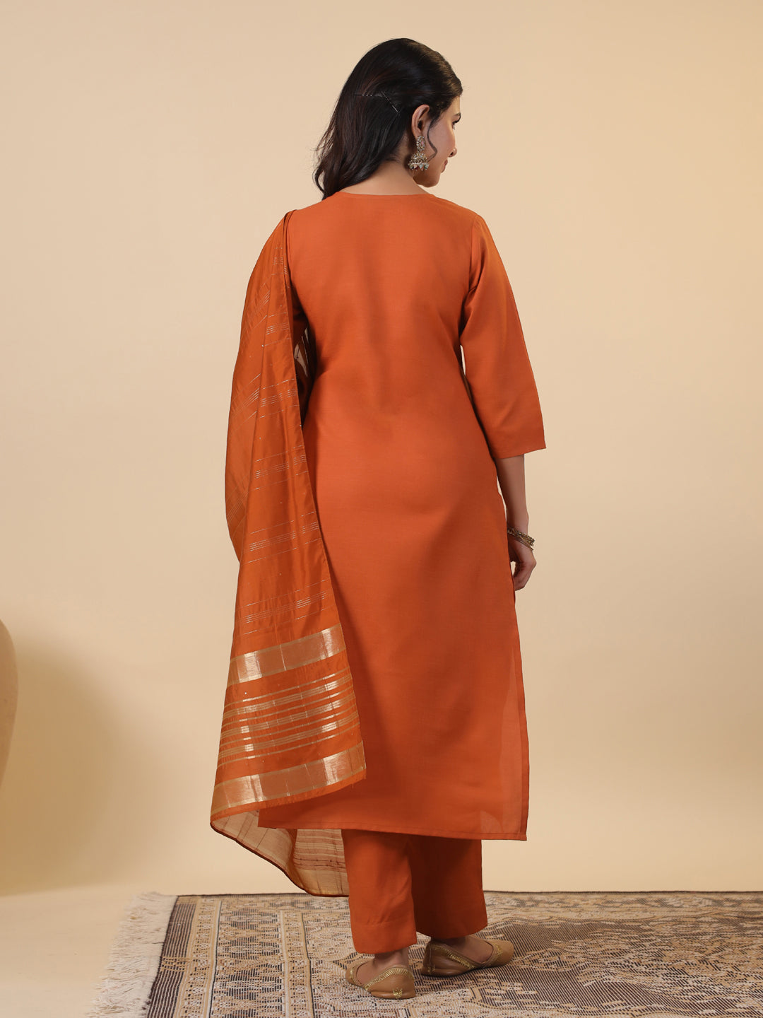 Rust Cotton Blend Straight Yoke Embroidered 3-Piece Kurta Set