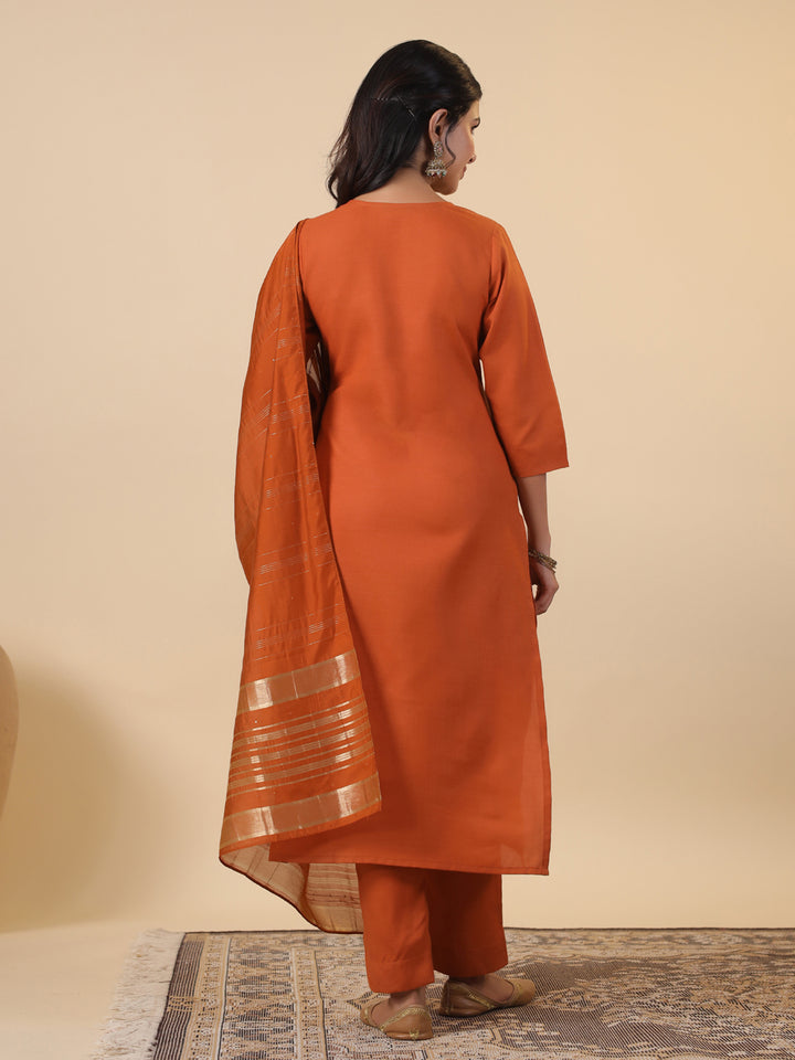 Rust Cotton Blend Straight Yoke Embroidered 3-Piece Kurta Set