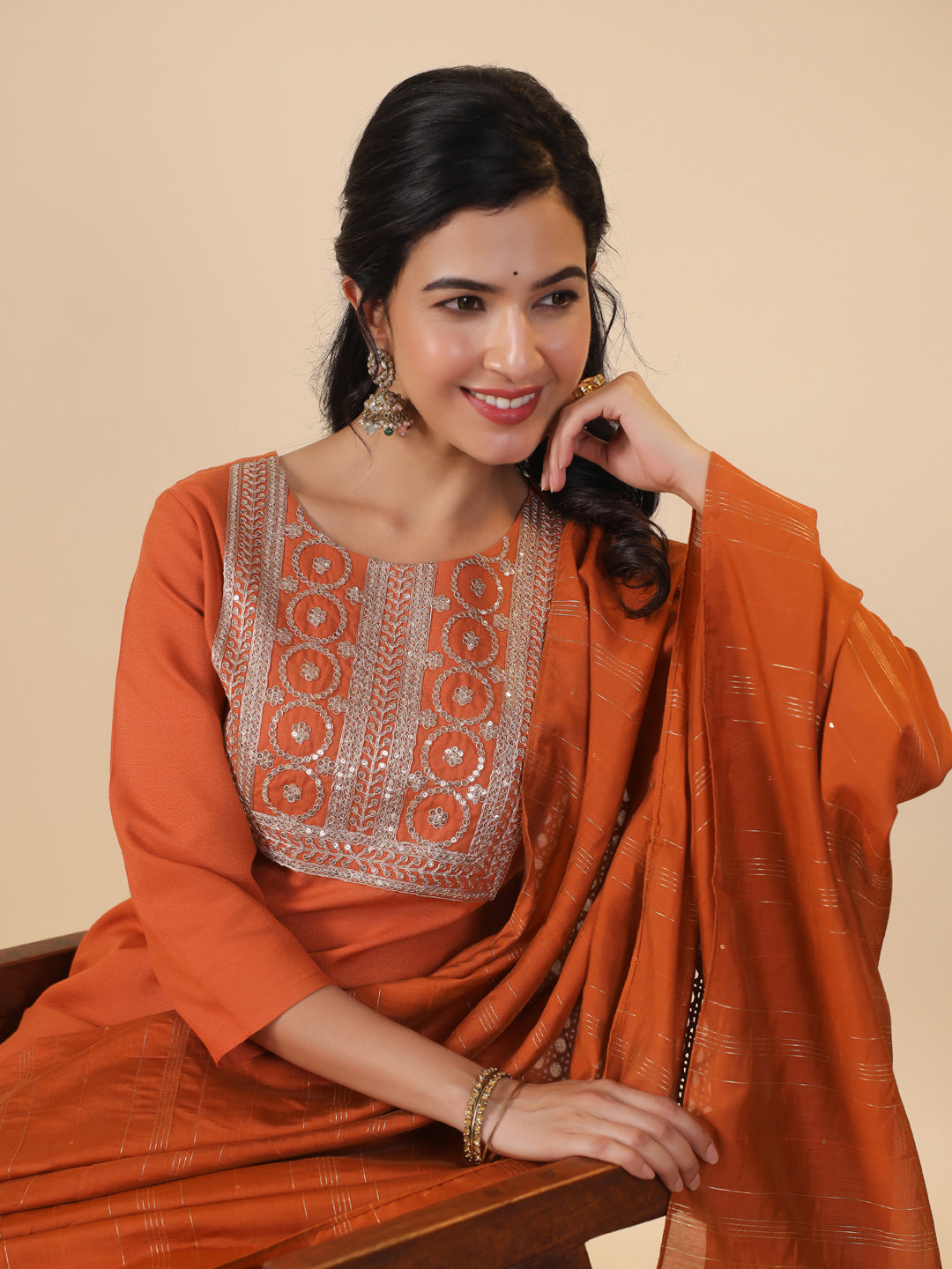 Rust Cotton Blend Straight Yoke Embroidered 3-Piece Kurta Set