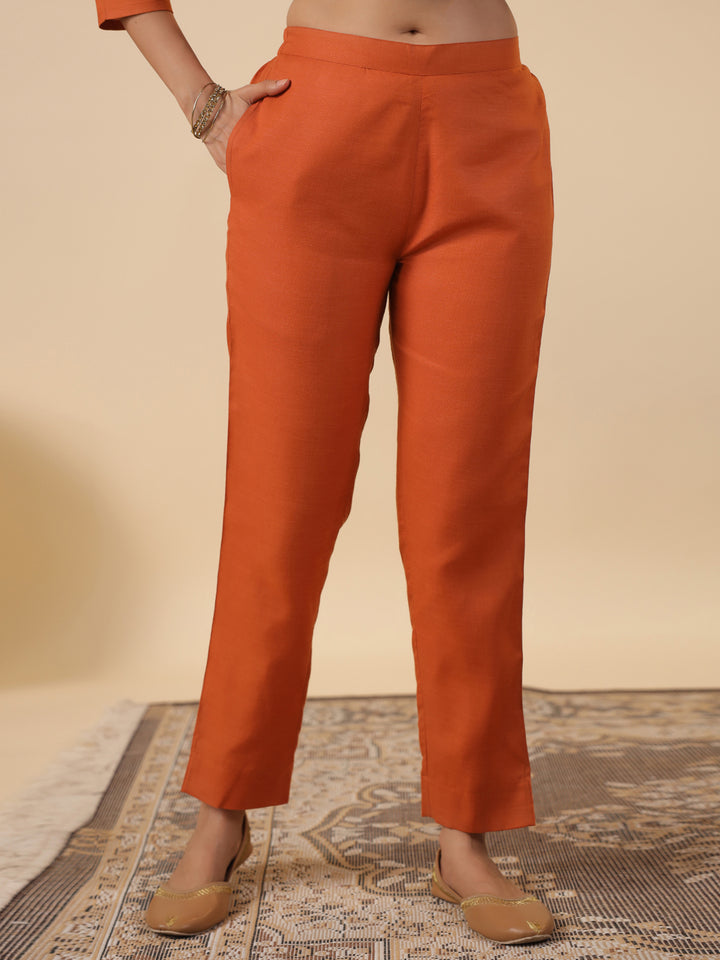 Rust Cotton Blend Straight Yoke Embroidered 3-Piece Kurta Set